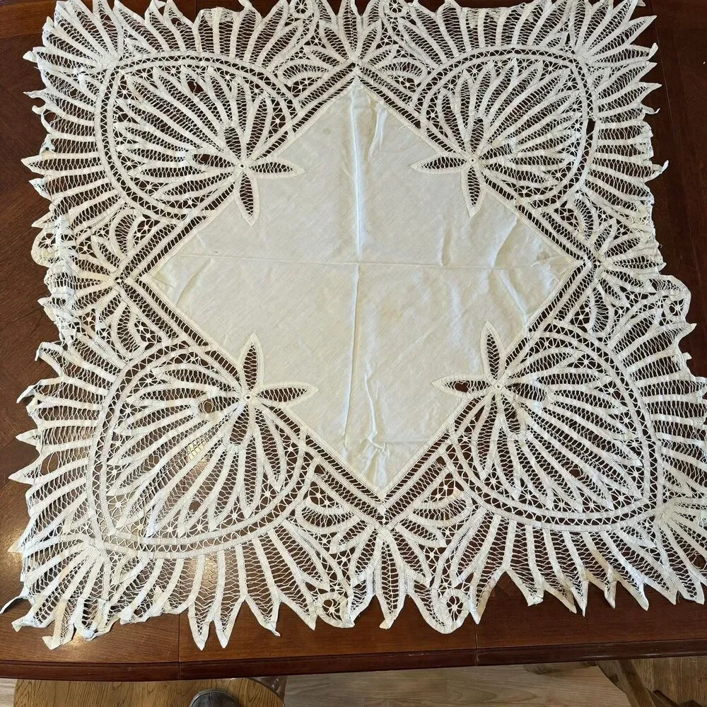 Antique TableCloth Battenburg Lace Handmade 44” Square With Hand Stitches Cotton